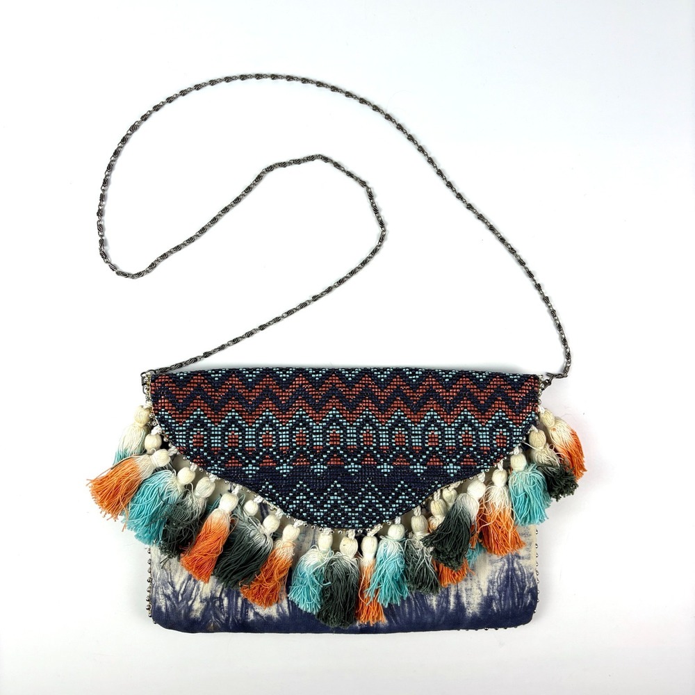 Steve Madden Josa Tassel & Bead Clutch Navy Coral Turquise Metal Strap Boho Fest